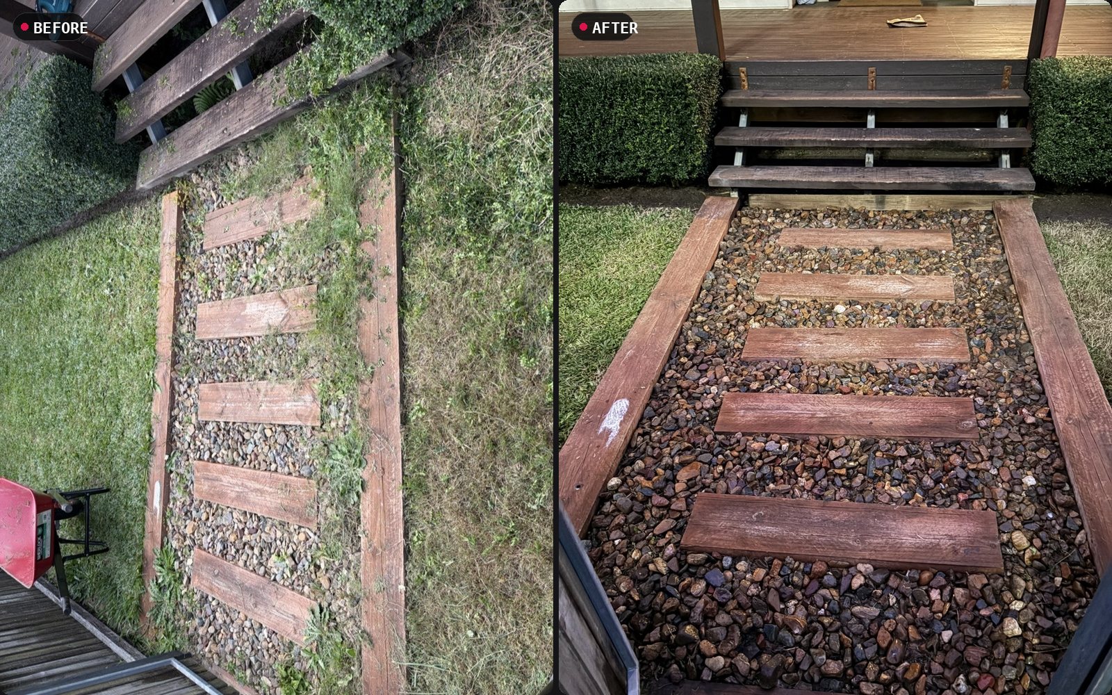Before and after: weed-choked gravel and sleeper path cleared, hedges trimmed, Sunshine Coast