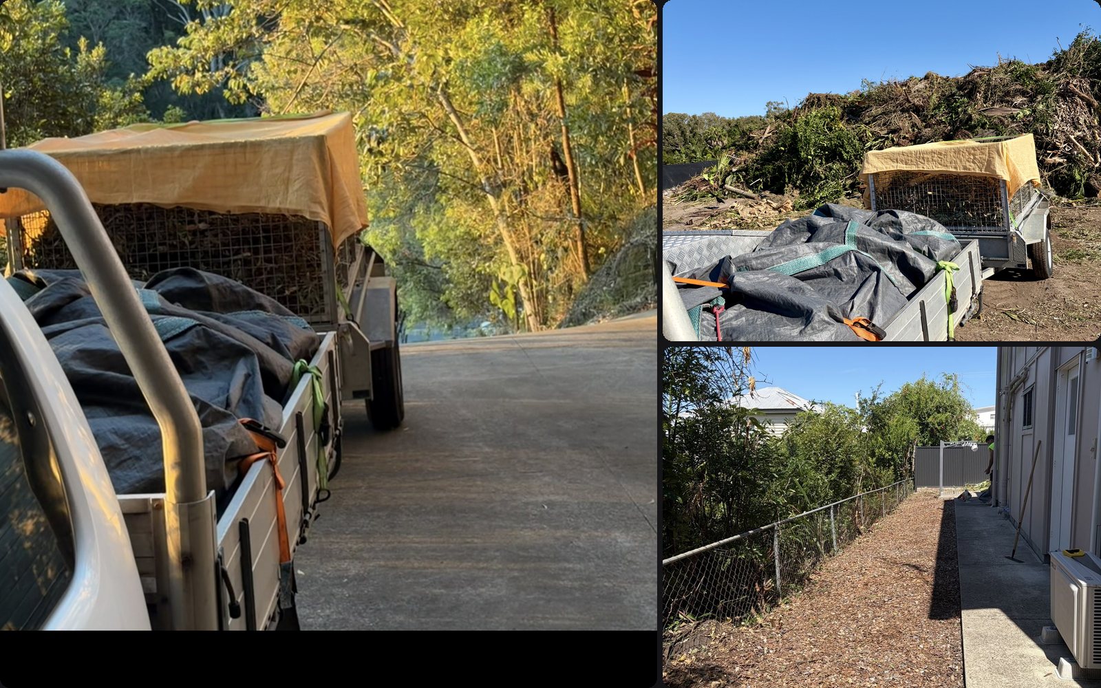 Ute and trailer loaded with green waste in the hinterland, a yard clean-up in progress and a cleared rental boundary