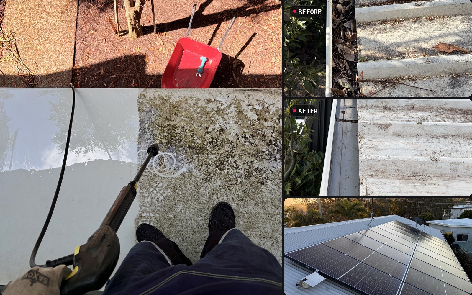 Pressure washing a concrete path, a gutter before and after clearing, and cleaned solar panels