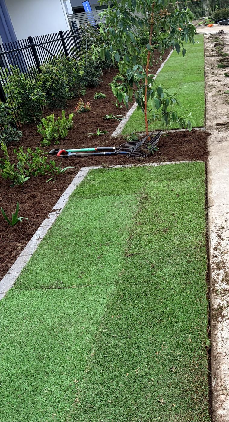New turf laid and edged beside a freshly mulched garden bed, Sunshine Coast